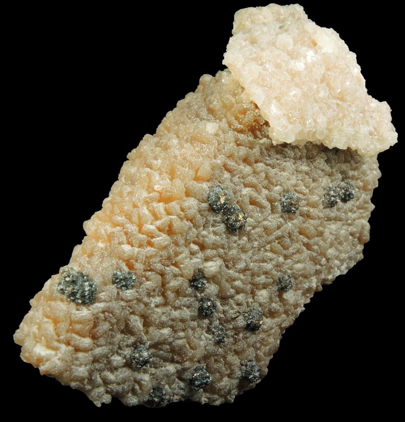 Detail view of mineral Stilbite-Ca with Calcite and Pyrite (best of find) for sale from 700' level, Sta.167, Queens Tunnel of NYC Water Tunnel #3, Woodside, Queens, New York City, Queens County, New York