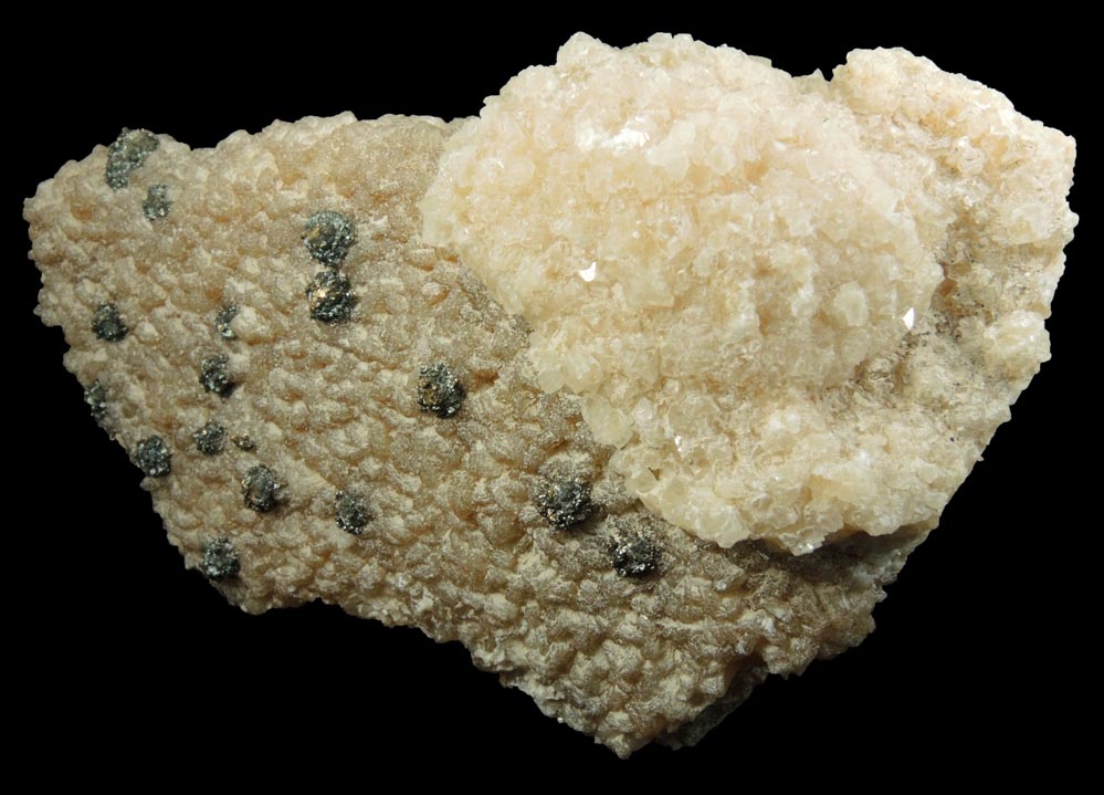Detail view of mineral Stilbite-Ca with Calcite and Pyrite (best of find) for sale from 700' level, Sta.167, Queens Tunnel of NYC Water Tunnel #3, Woodside, Queens, New York City, Queens County, New York