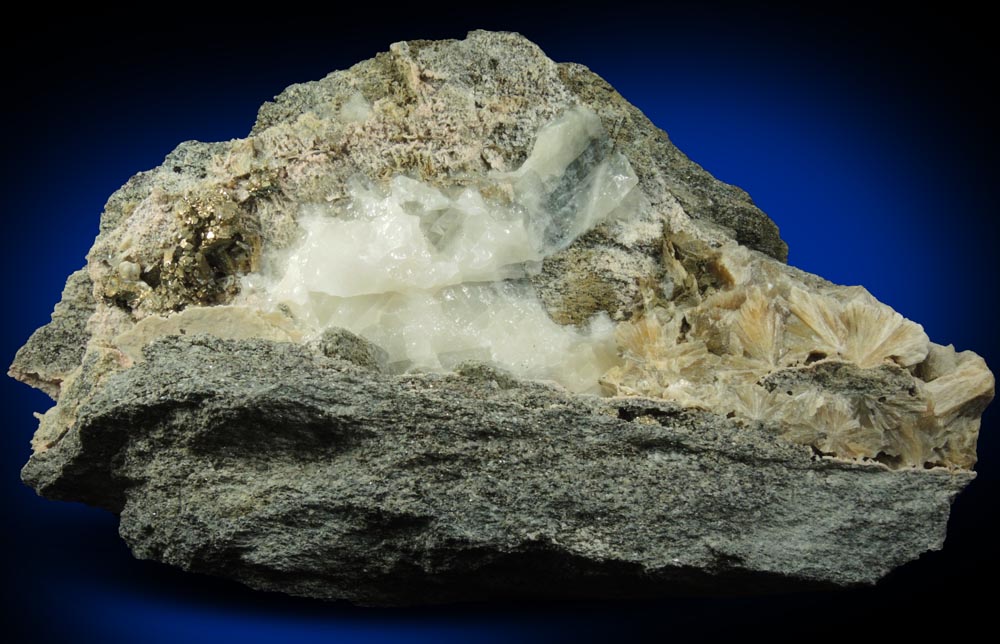 Mineral Pyrite and Stilbite-Ca in Calcite-filled vein for sale from Harlem Meer, in the northeast corner of Central Park, New York City, New York County, New York