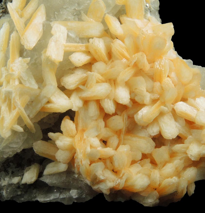 Detail view of mineral Stilbite-Ca on Calcite for sale from IRT Pelham Line Subway under Southern Boulevard, Bronx, New York City, Bronx County, New York